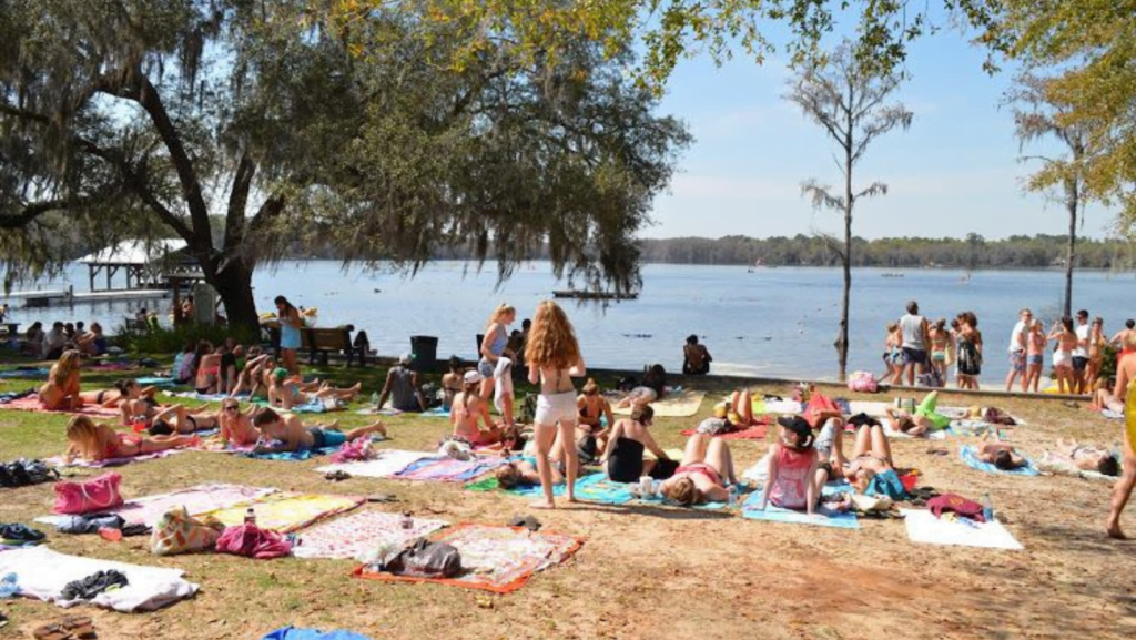 Image of a crowd of people sunbathing on the shores of Lake Bradford at the Reservation in Tallahassee, Florida.