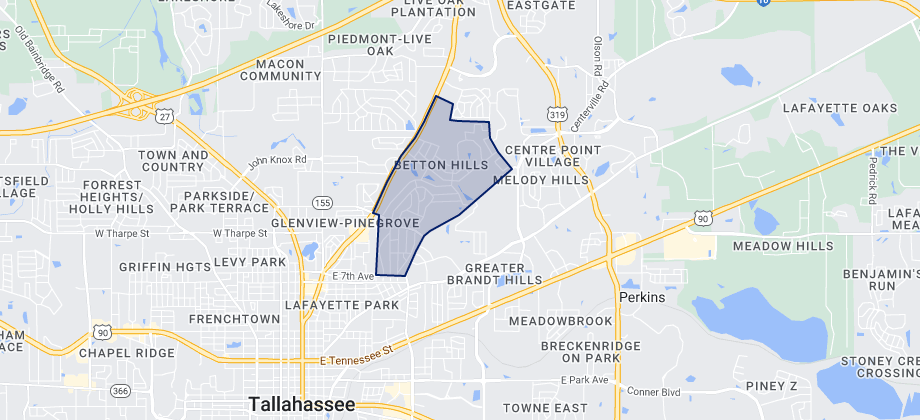 In this image, there is a map of Tallahassee with an outline indicating where the neighborhood Betton Hills is located. 