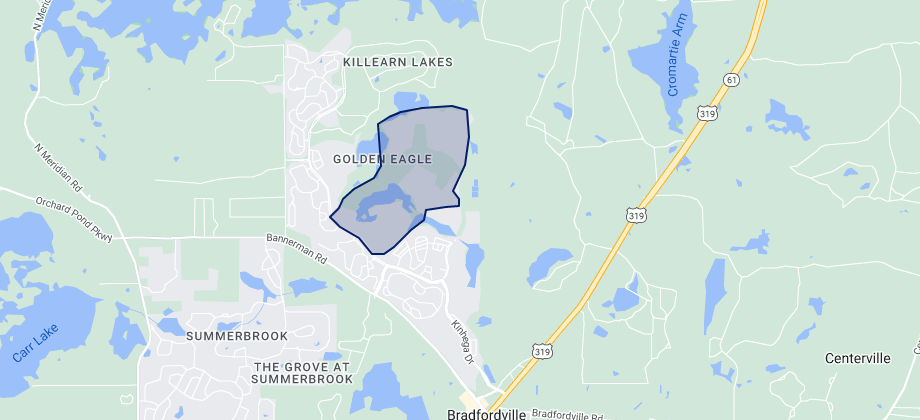 In this image, a map of Tallahassee is shown with an outline indicating where the neighborhood Golden Eagle is located. 