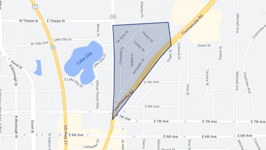 A map outlining the Los Robles neighborhood, located in Midtown Tallahassee. 