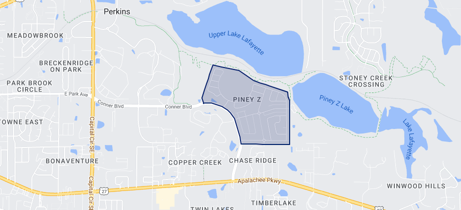 In this image, there is a map with an outline that indicates where the neighborhood Piney-Z is located in Northeast Tallahassee. 