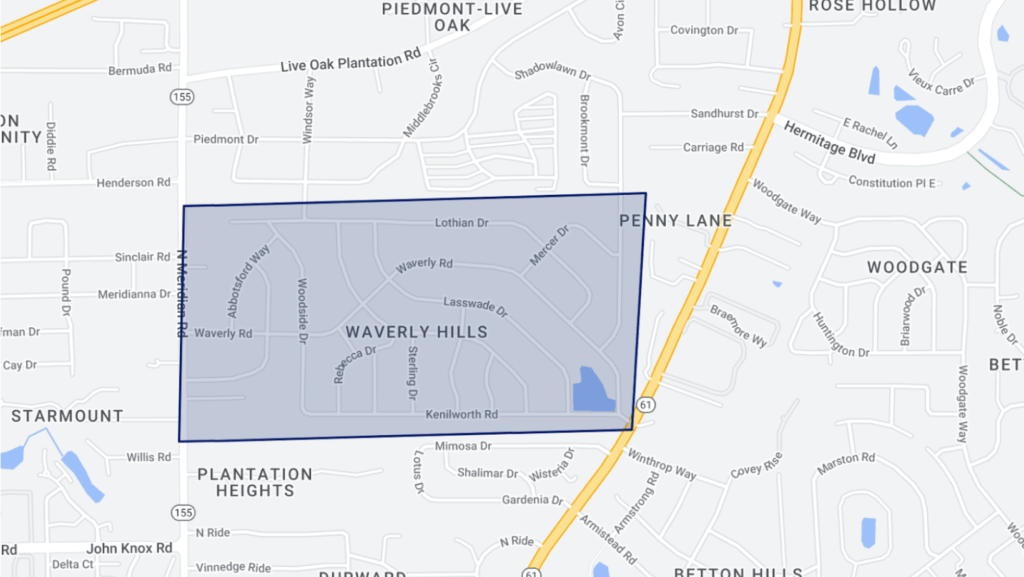 A map outlining the location of the Waverly Hills neighborhood in Midtown Tallahassee. 