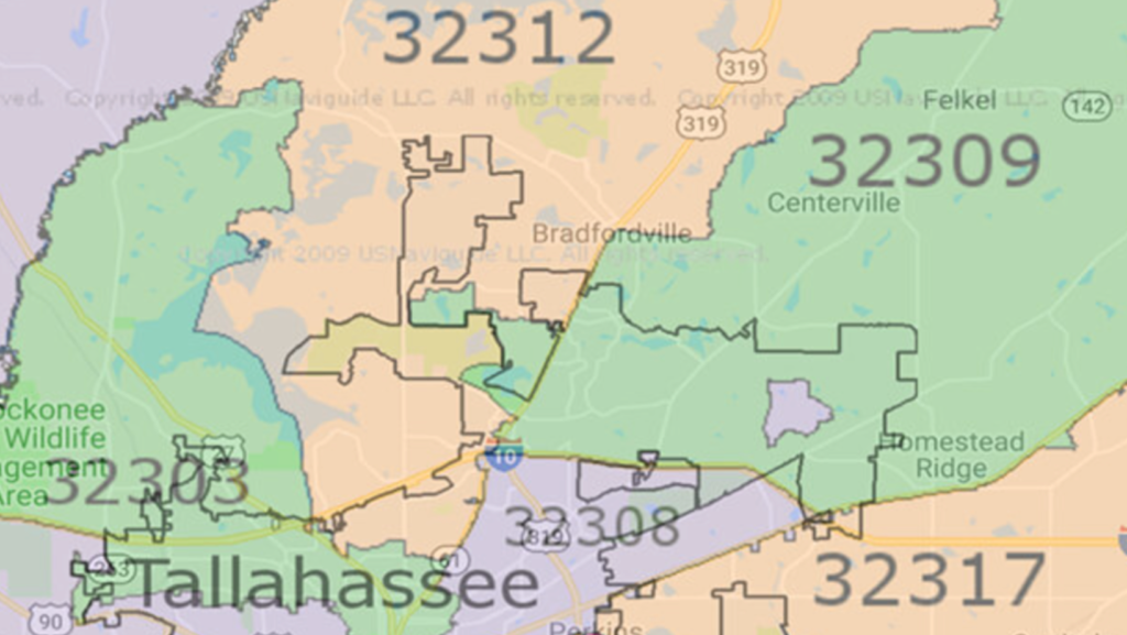 Midtown Tallahassee zip code map (showing 32312, 32303 and 32308)